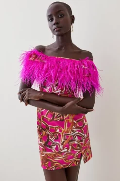 Deals 🛒 Karen Millen Italian Signature Stretch Chain Feather Bardot Mini 👗 Dress - pink 🔥 -Occasionwear Popular Store womens pink italian signature stretch chain feather bardot mini dress