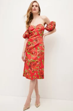 Brand new 🧨 Karen Millen Italian Signature Stretch Rose Print Bardot Midi 👗 Dress 👍 -Occasionwear Popular Store womens pink italian signature stretch rose print bardot midi dress 1