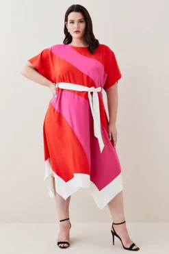 Promo ✨ Karen Millen Plus Size Colourblock Soft Tie Waist Midi 👗 Dress 😉 -Occasionwear Popular Store womens pink plus size colourblock soft tie waist midi dress