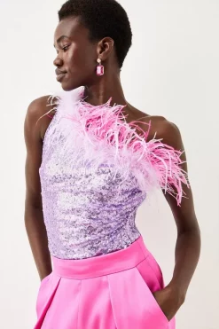 Cheap 🤩 Karen Millen Sequin And Feather One Shoulder Top - pink ⭐ -Occasionwear Popular Store womens pink sequin and feather one shoulder top