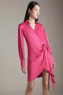 Deals 😀 Karen Millen Viscose Satin Crepe Wrap 👕 Shirt Mini 👗 Dress 😍 -Occasionwear Popular Store womens pink viscose satin crepe wrap shirt mini dress