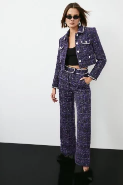 Best Sale 🎁 Karen Millen Boucle Sparkle Diamante Trim Wide Leg Trouser - purple 🎁 -Occasionwear Popular Store womens purple boucle sparkle diamante trim wide leg trouser