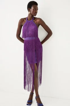 Best deal 👍 Karen Millen Fringed Ponte Detail Halter Neck Mini 👗 Dress ⭐ -Occasionwear Popular Store womens purple fringed ponte detail halter neck mini dress