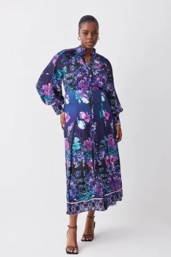 Wholesale 💯 Karen Millen Plus Size Boarder Floral Print Satin Woven Midi 👗 Dress - purple ❤️ -Occasionwear Popular Store womens purple plus size boarder floral print satin woven midi dress