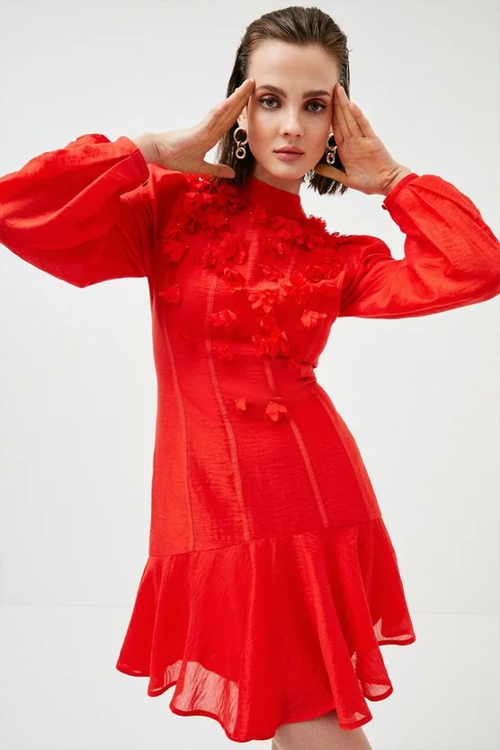 Discount 🎁 Karen Millen Applique Beaded Balloon Sleeve Woven 👗 Dress - red ✨ 8 Discount 🎁 Karen Millen Applique Beaded Balloon Sleeve Woven 👗 Dress - red ✨ - Image 6
