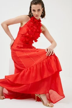 Brand new 🧨 Karen Millen Applique Beaded Halter Woven Maxi 👗 Dress - red 👍 -Occasionwear Popular Store womens red applique beaded halter woven maxi dress