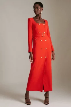 New ✔️ Karen Millen Compact Viscose Tux Sleeved Belted Maxi 👗 Dress ❤️ -Occasionwear Popular Store womens red compact viscose tux sleeved belted maxi dress 1