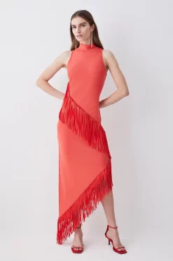 Coupon ⌛ Karen Millen Fringe Hem Asymmetric Knit Midi 👗 Dress - red 🌟 -Occasionwear Popular Store womens red fringe hem asymmetric knit midi dress