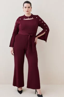 Discount ⭐ Karen Millen Plus Size Compact Viscose Stud Sleeve Wide Leg Jumpsuit - red 😉 -Occasionwear Popular Store womens red plus size compact viscose stud sleeve wide leg jumpsuit