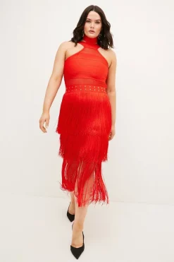 Budget 🤩 Karen Millen Plus Size Cut Out Fringed Bandage Knit Midi 👗 Dress - red 😍 -Occasionwear Popular Store womens red plus size cut out fringed bandage knit midi dress