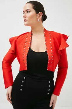 Cheap 😍 Karen Millen Plus size Studded Frill Bandage Knit Jacket - red 🔔 -Occasionwear Popular Store womens red plus size studded frill bandage knit jacket