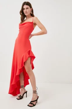 Best Sale 🔔 Karen Millen Soft Tailored Cami Cowl Neck Ruffle Hem Midi 👗 Dress 🎉 -Occasionwear Popular Store womens red soft tailored cami cowl neck ruffle hem midi dress