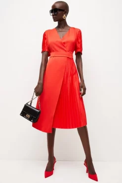 Promo 🎁 Karen Millen Soft Tailored Pleat Panelled Wrap Midi 👗 Dress 🥰 -Occasionwear Popular Store womens red soft tailored pleat panelled wrap midi dress