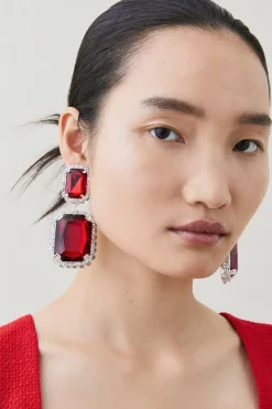 Coupon ❤️ Karen Millen Statement Diamante Framed Drop Earrings 💯 -Occasionwear Popular Store womens red statement diamante framed drop earrings