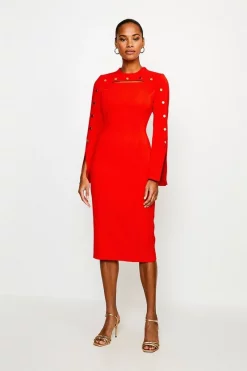 Hot Sale 🧨 Karen Millen Stud Detail Split Sleeve Pencil Midi 👗 Dress 🧨 -Occasionwear Popular Store womens red stud detail split sleeve pencil midi dress 1