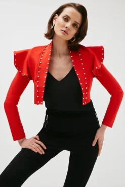 Outlet 👏 Karen Millen Studded Frill Bandage Knit Jacket - red 🥰 -Occasionwear Popular Store womens red studded frill bandage knit jacket