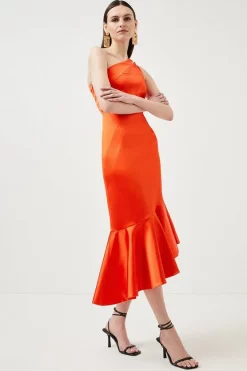 Best deal ⌛ Karen Millen Italian Structured Satin Asymmetric Hem Midaxi 👗 Dress - red orange ❤️ -Occasionwear Popular Store womens red20orange italian structured satin asymmetric hem midaxi dress