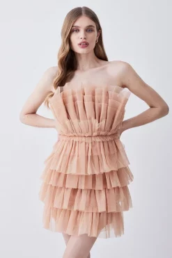 Hot Sale 💯 Karen Millen Layered Tulle Woven Mini 👗 Dress ⌛ -Occasionwear Popular Store womens rose layered tulle woven mini dress