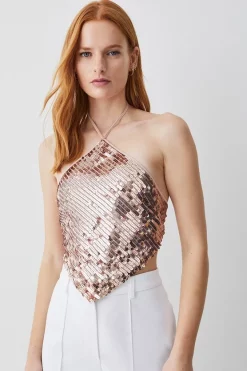 Wholesale 👍 Karen Millen Liquid Sequin Hanky Woven Halter Top - rose gold 🌟 -Occasionwear Popular Store womens rose20gold liquid sequin hanky woven halter top