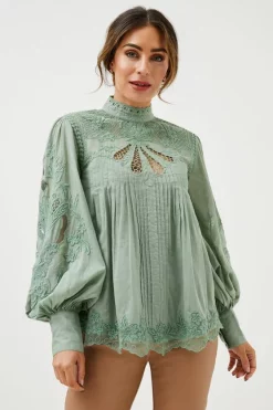 Best Pirce ❤️ Karen Millen Lydia Millen Cutwork Embroidery Woven Blouse - sage 🛒 -Occasionwear Popular Store womens sage lydia millen cutwork embroidery woven blouse