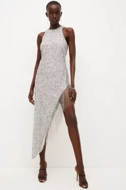 Best Sale 🌟 Karen Millen Asymmetric Hem Fringe Hater Midi 👗 Dress 🧨 -Occasionwear Popular Store womens silver asymmetric hem fringe hater midi dress 1