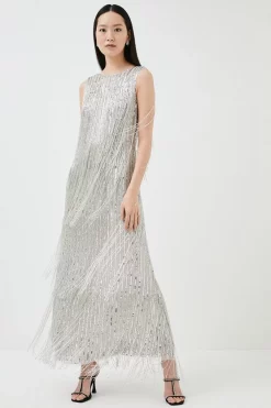 Promo ✔️ Karen Millen Beaded Fringed Low Back Woven Maxi 👗 Dress - silver 🔥 -Occasionwear Popular Store womens silver beaded fringed low back woven maxi dress