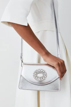 Best Sale 😉 Karen Millen Brooch Detail 👜 Handbag 😍 -Occasionwear Popular Store womens silver brooch detail handbag 1