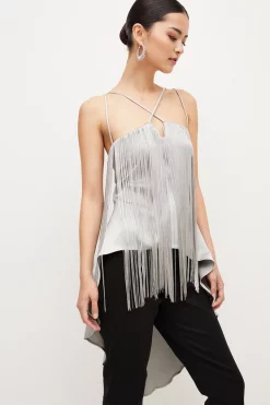 Top 10 ⭐ Karen Millen Petite Satin & Fringe High Low Cami Top - silver 😀 -Occasionwear Popular Store womens silver petite satin fringe high low cami top