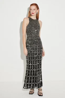 Coupon 🔔 Karen Millen Premium Crystal Embellished Open Back Maxi - silver 👏 -Occasionwear Popular Store womens silver premium crystal embellished open back maxi