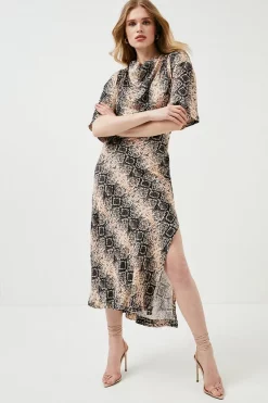 Hot Sale ⌛ Karen Millen Viscose Satin Snake Cowel Woven Midi 👗 Dress ❤️ -Occasionwear Popular Store womens snake viscose satin snake cowel woven midi dress