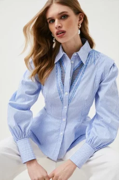 Coupon ✔️ Karen Millen Cutwork Poplin Embroidered Woven Dip Hem Blouse - stripe 😀 -Occasionwear Popular Store womens stripe cutwork poplin embroidered woven dip hem blouse