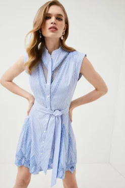 Flash Sale ⭐ Karen Millen Cutwork Poplin Embroidered Woven Mini 👗 Dress - stripe ⌛ -Occasionwear Popular Store womens stripe cutwork poplin embroidered woven mini dress