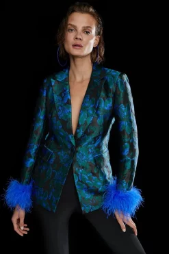 Promo 🛒 Karen Millen Jacquard Feather Cuff Single Breasted Blazer - teal 🤩 -Occasionwear Popular Store womens teal jacquard feather cuff single breasted blazer