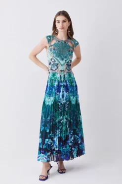 Hot Sale 🎉 Karen Millen Metallic Guipure Lace Mirrored Pleat Midi 👗 Dress - teal 💯 -Occasionwear Popular Store womens teal metallic guipure lace mirrored pleat midi dress