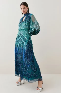 Coupon 🎁 Karen Millen Ombre Sequin And Embroidered Maxi 👗 Dress - teal 🛒 -Occasionwear Popular Store womens teal ombre sequin and embroidered maxi dress