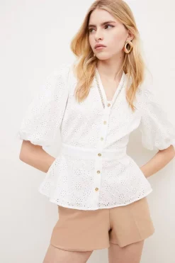 Brand new ✨ Karen Millen Cotton Broderie Woven Blouse - white 😉 -Occasionwear Popular Store womens white cotton broderie woven blouse
