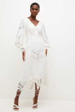 Flash Sale ⭐ Karen Millen Cutwork Beaded Drama Sleeve Woven Midi 👗 Dress - white ❤️ -Occasionwear Popular Store womens white cutwork beaded drama sleeve woven midi dress