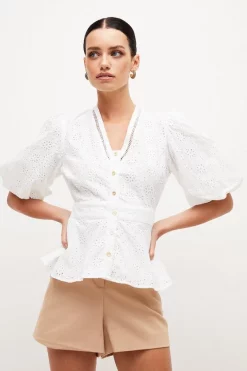 Coupon 🛒 Karen Millen Petite Cotton Broderie Woven Blouse - white 💯 -Occasionwear Popular Store womens white petite cotton broderie woven blouse