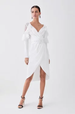 Best deal 🌟 Karen Millen Petite Satin And Lace Ruffle Woven Midi 👗 Dress - white 🥰 -Occasionwear Popular Store womens white petite satin and lace ruffle woven midi dress