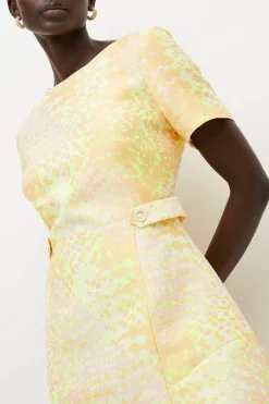 Outlet 🛒 Karen Millen Animal Jacquard Peplum Hem Mini 👗 Dress - yellow ❤️ -Occasionwear Popular Store womens yellow animal jacquard peplum hem mini dress