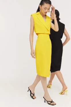 Cheap 💯 Karen Millen Soft Twill Tailored Sleeveless Tux Midi 👗 Dress ⭐ -Occasionwear Popular Store womens yellow soft twill tailored sleeveless tux midi dress 1